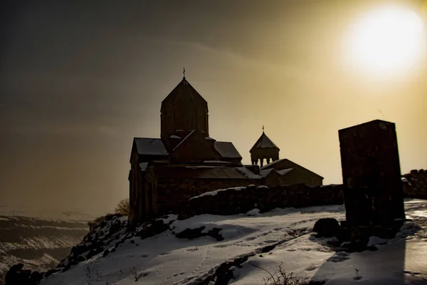 Mooie Kerk Zonsondergang Winter — Stockfoto