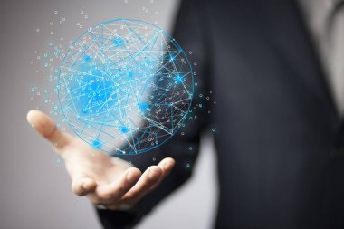 Genç iş adamı ile küresel ağ bağlantı simgesi 