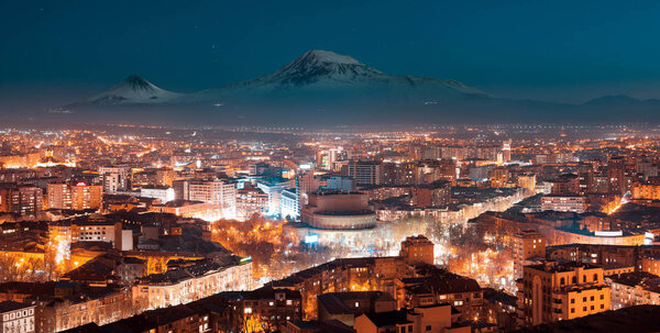 Night in Yerevan, Armenia from Cascade, Ararat mountain at the background