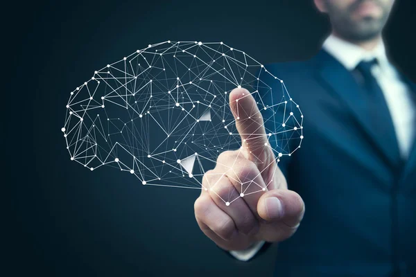 Primer Plano Mano Del Hombre Negocios Tocando Cerebro —  Fotos de Stock