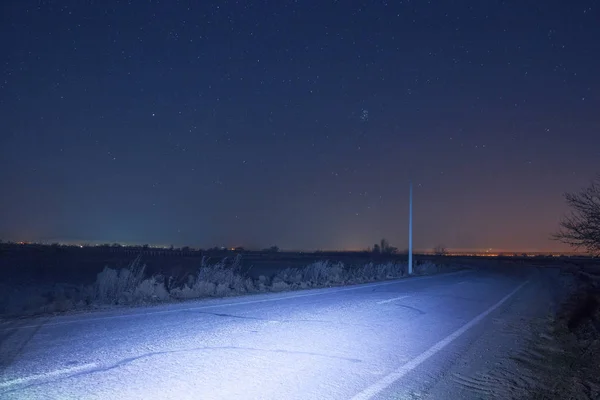Tormenta Invierno Por Noche Camino —  Fotos de Stock