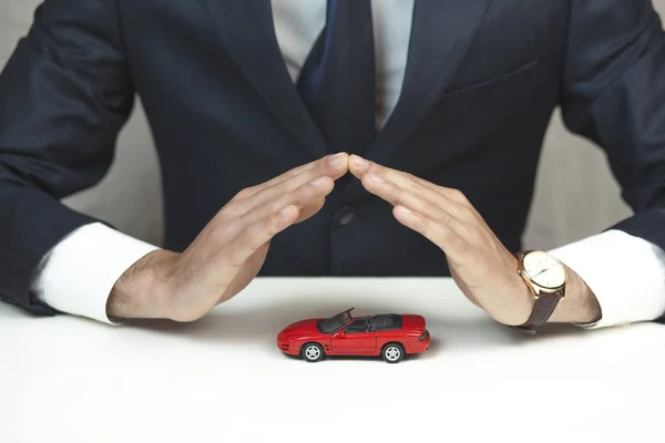 Man Hands Small Red Car Table — Stock Photo, Image