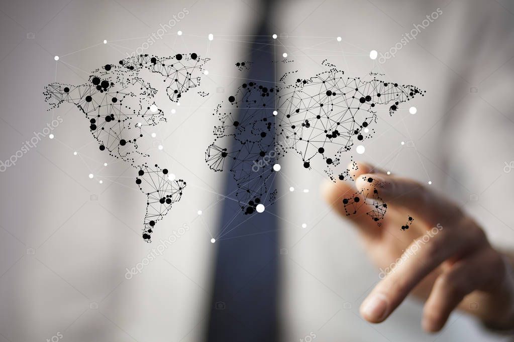 Business man touching  touch screen with world map