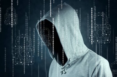 hacker isloated siyah arka plan üzerinde ikili kodları ile