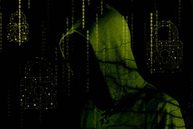 hacker isloated siyah arka plan üzerinde ikili kodları ile