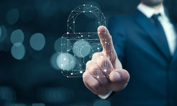 Asma kilit veri merkezi simgesini dokunmadan işadamı