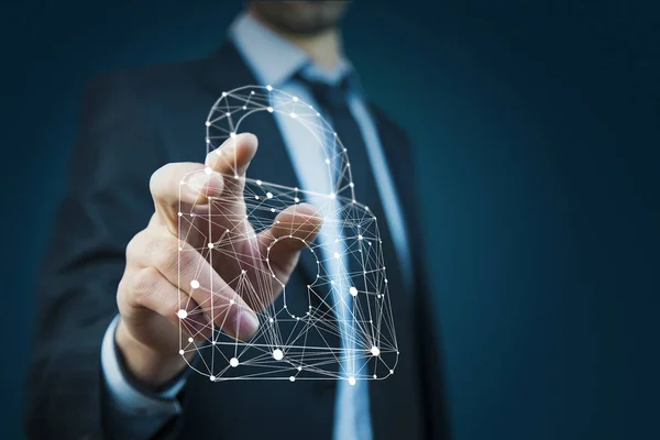 Businessman touching   padlock data center icon