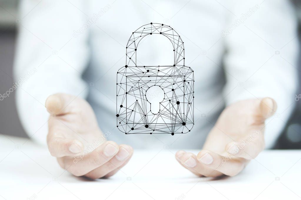 Businessman holding   padlock data center icon