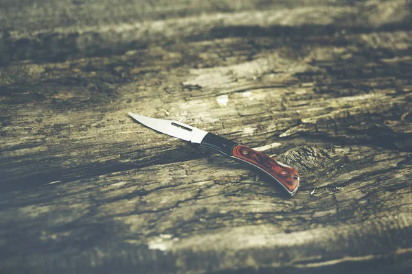 Pocket Knife Wooden Desk — Stock Photo, Image