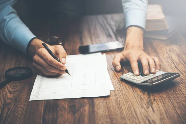 Man Working Documents Brown Wooden Table — Stock Photo, Image