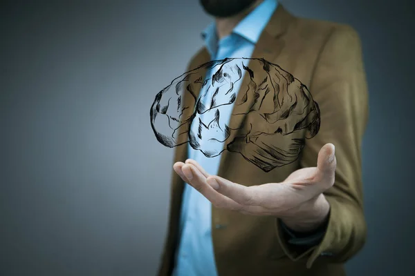 Zakenman Die Houden Van Hersenen Boven Palm Achtergrond Bokeh — Stockfoto