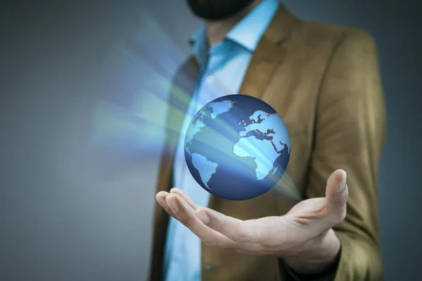 Business Man Hand Holding Global Planet Icon — Stock Photo, Image