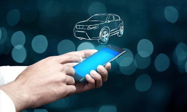 Человек Телефоном Иконкой Автомобиля Над Виртуальным Экраном — стоковое фото
