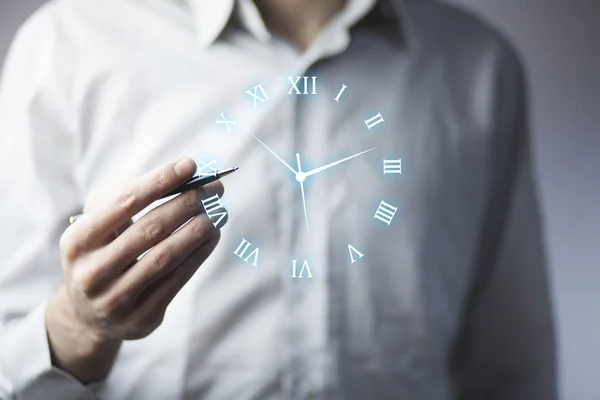 Hombre Negocios Con Lápiz Tocando Icono Del Reloj — Foto de Stock