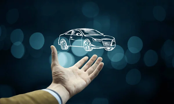 Мужская Рука Представляет Иконку Автомобиля Виртуальном Экране — стоковое фото