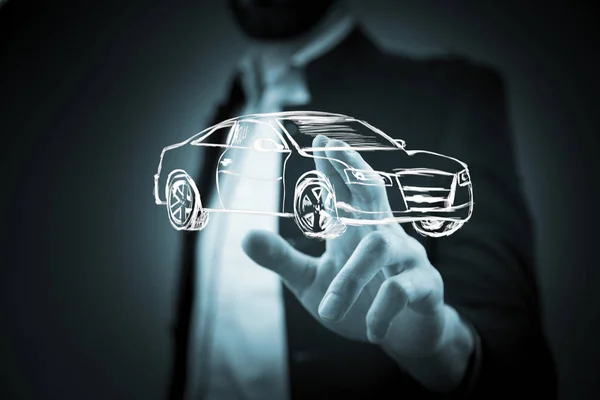 Männliche Hand Präsentiert Auto Ikone Auf Virtuellem Bildschirm — Stockfoto