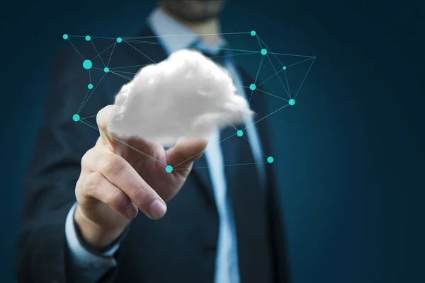 Concetto Cloud Computing Con Spazio Copia Mano Maschile — Foto Stock