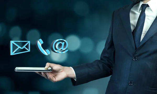 Businessman Showing Contact Icons Virtual Screen — Stock Photo, Image