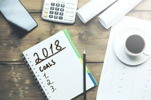 Goals 2018 Notepad Working Table — Stock Photo, Image