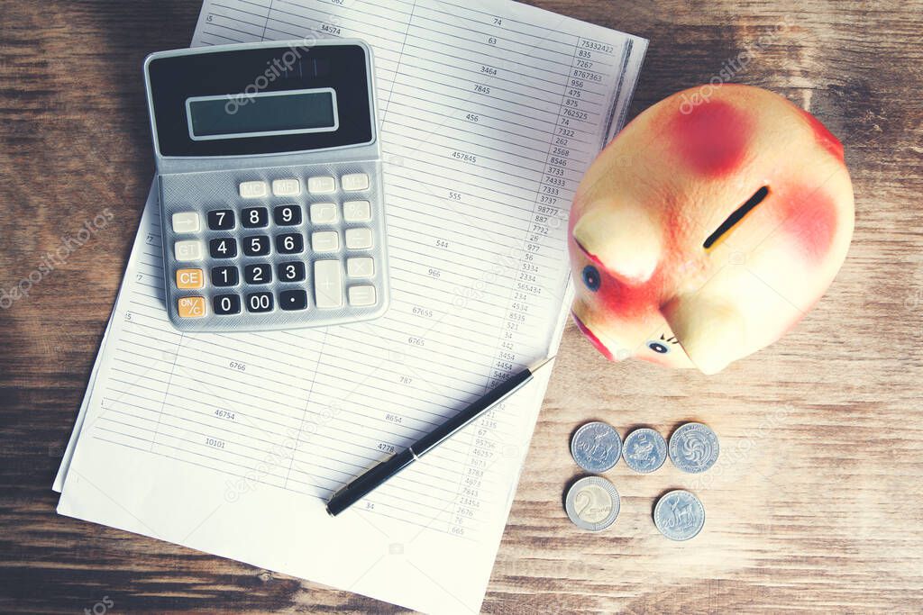 calculator with piggy bank on document