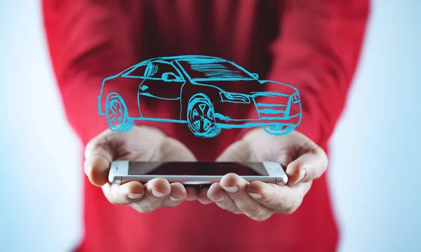 Man Hand Phone Car Model Screen — Stock Photo, Image