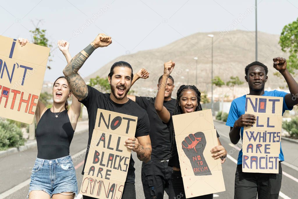 White and black people at a demonstration for human rights. Black lives matter. BLM. Image