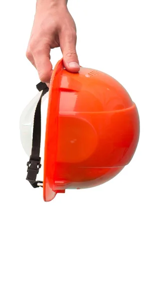 Beyaz arka planda izole edilmiş kask ve eldivenli işçi