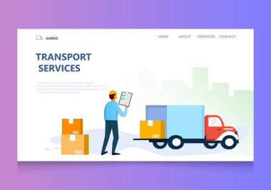 Taşıma hizmetinin web sayfası tasarımı şablonu. Web sitesi ve mobil web sitesi için kurye ve teslimat kamyon düz tasarım vektör illüstrasyon.