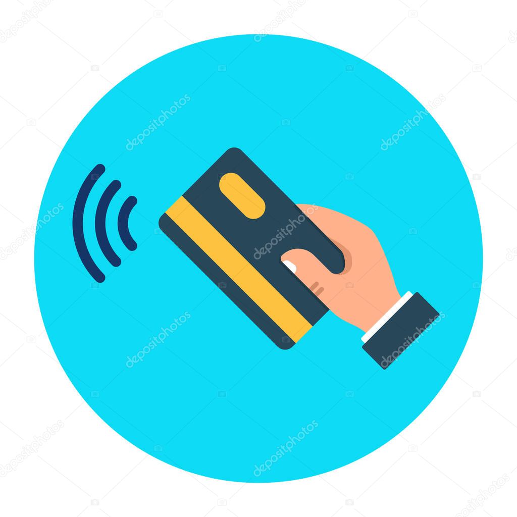 Contactless payment using credit card. Cashless payment, credit card and hand. Vector wireless NFC and contactless pay flat icon.