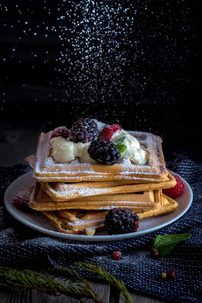 Viyana waffleları, dondurmalı böğürtlen ve nane şekeri serpiştirilmiş koyu bulanık arka planda.