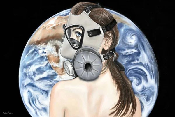 A woman with a gas mask for the pollution, with the planet earth. Apocalyptic post
