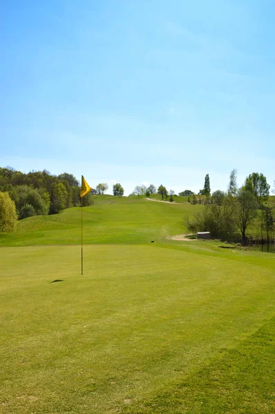 在高尔夫球场上用高尔夫球旗杆放置绿色 — 图库照片