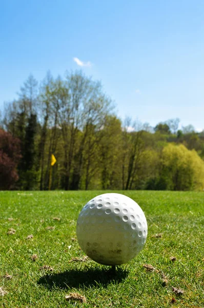Ein Golfball Auf Einem Golfplatz Mit Flaggenstock — Stockfoto