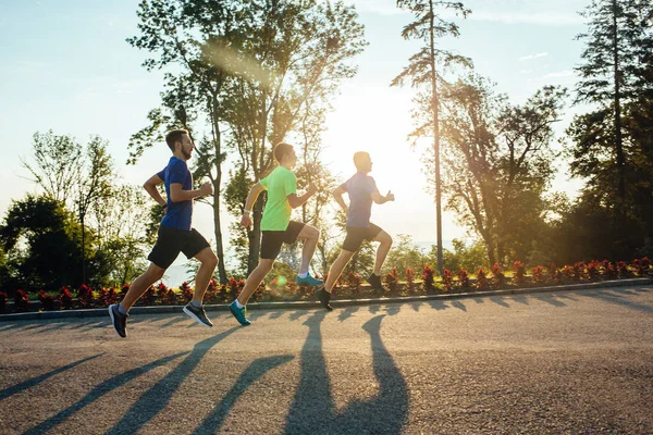 Three professional male athletes running in park at sunset