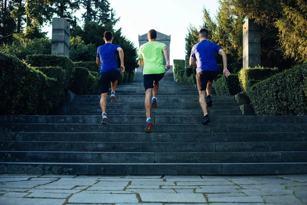 Three professional male athletes running up staircase in park