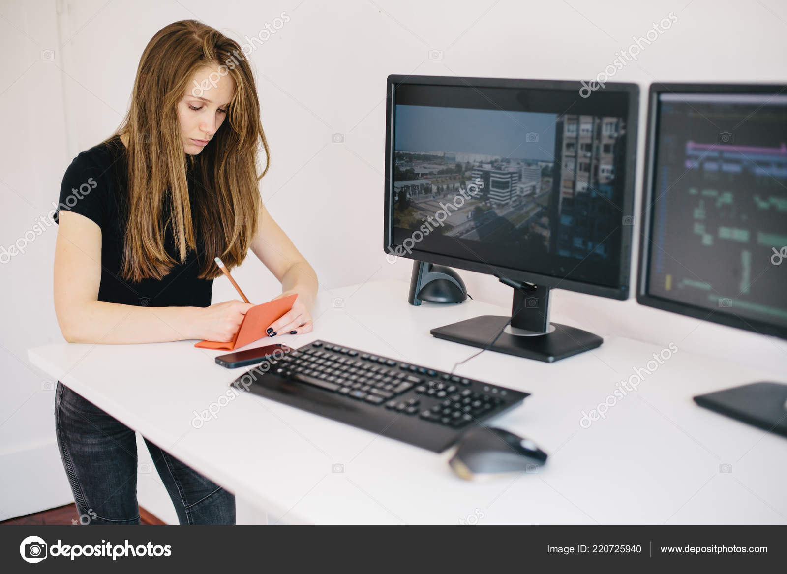 Young Woman Video Editor Front Desk Personal Computer Stock