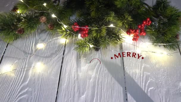 Escrita Mão Animação Natal Feliz Caligrafia Lettering Fundo Madeira Branco — Vídeo de Stock