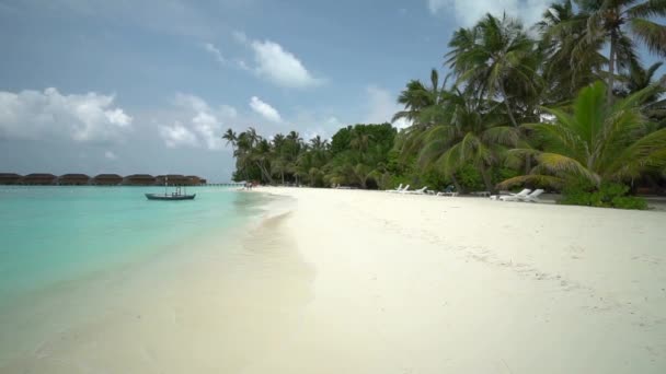 Берег Острова Мальдіви Човном Пальмами Спорудами Над Морем — стокове відео