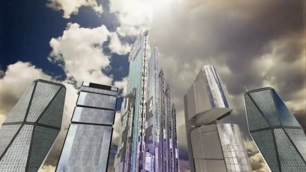 Ciudad Futurista Rascacielos Cielo Nubes Sol — Vídeo de stock