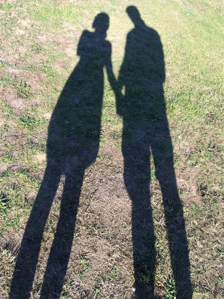 Full Length Shadow Woman Man Holding Hands Partially Covered Grass — Stock Photo, Image