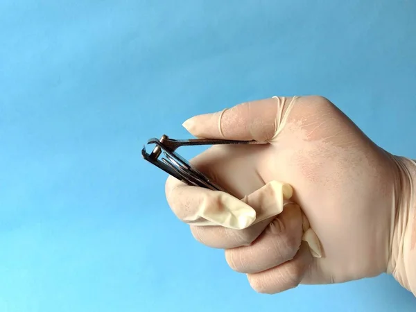 Mão com luva branca segurando um cortador de unhas para cuidar de um paciente. conceito médico — Fotografia de Stock