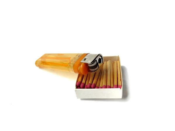 Lighter with matchbox on white background — 스톡 사진