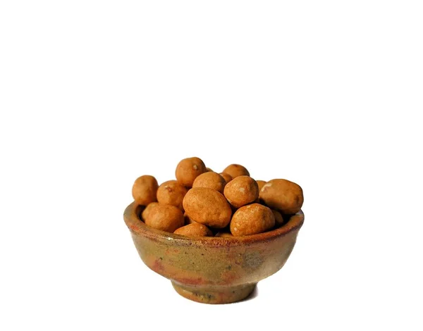 Japanese Peanuts Served Clay Bowl White Background Asian Food Concept — Stock Photo, Image