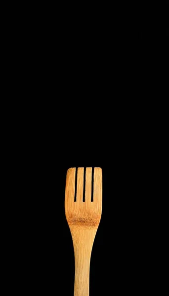 Wooden Fork Black Background Kitchen Utensils Concept — Stock Photo, Image