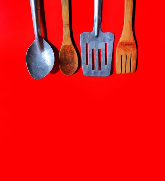 Wooden Fork Metal Spatula Wooden Metal Spoon Red Background Kitchen — Stock Photo, Image