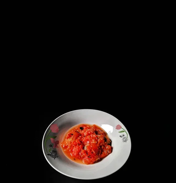 Molho Chirmol Tomate Com Cebola Sobre Fundo Preto Comida Típica — Fotografia de Stock