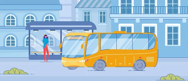 Mujer Dibujos Animados Pie Parada Transporte Público Carretera Yellow Bus — Vector de stock