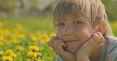 Çayırda yatan ve bakışları olan beyaz bir çocuk. Mutlu çocuk papatya tarlasında yatıyor, yakından bakıyor. Çayırdaki sarı saçlı çocuğun sevimli gülümseyen yüzü. Mutluluk ve çocukluk. Yavaş çekim