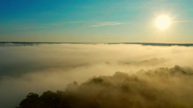 Manzaralı hava manzarası: Güneş doğarken hareket eden altın bulutlar, ağaçların üzerinde mavi gökyüzü. Drone, akşam vakti parlak güneşin altında mavi gökyüzünde kabarık bulutların arasından ileri doğru uçar. Gün batımında bulutlu güneş  