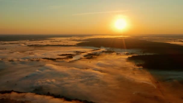 Aerial View Sunrise Fog River Desna Ukraine Drone Flies Forwards — Stock Video